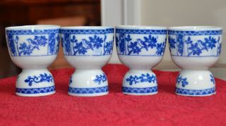 4 Double Egg Cups Blue & White With Flowers & Birds Made In Japan 3 " Vintage