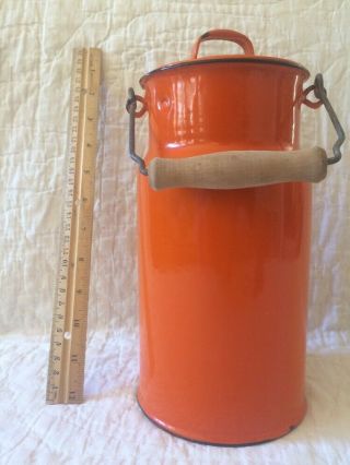 Vintage Orange Enamelware Enamel Ware Milk Jug Made Holland 12 Wood Handle 10.  5”