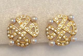 Vintage Signed Monet Rhinestone And Faux Pearl Clip On Earrings