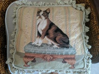 Boston Terrier Dog Needlepoint Pillow (14” Sq) Vtg Tan Backing Tassles