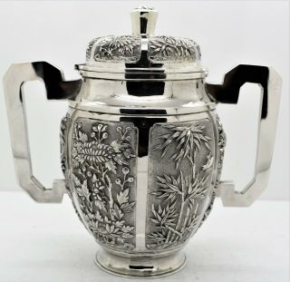 Chinese Export Silver Bowl.  6 Panels,  Birds,  Dragons,  Flowers.  497gram C.  1900