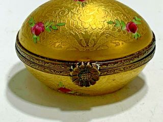 Vintage Limoges France Peint Main Incrustation Gold Floral EGG Shape Trinket Box 2