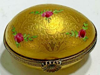 Vintage Limoges France Peint Main Incrustation Gold Floral EGG Shape Trinket Box 3