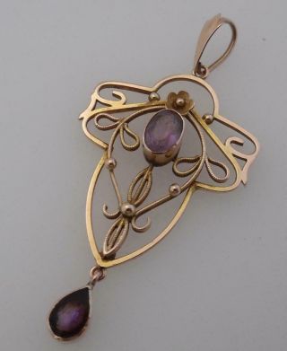 Fine Antique Art Nouveau 9ct Gold Amethyst Lavalier Pendant (gg4