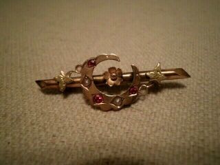 Lovely Antique 10k Rose Gold Brooch With Seed Pearl/ruby