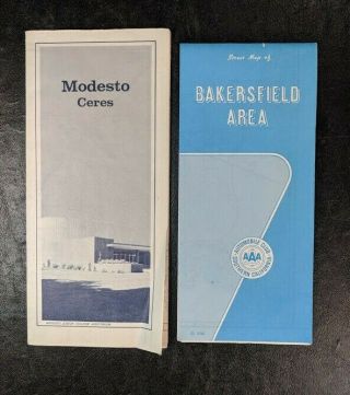 Vintage Aaa Travel Street Map Of Bakersfield Area 1992 & Modesto Ceres 1983