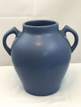 Vintage Pfaltzgraff York Pottery Double - Handled Blue Semi - Gloss Glazed Vase 2