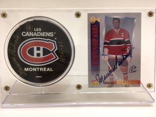 Montreal Canadians Maurice " Rocket " Richard Signed Puck And Card With Hof Ins