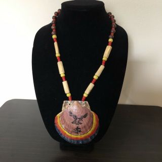 Vintage Hand Painted Native American Indian Shell Necklace Signed Bone Beads