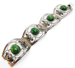 Vintage Signd Tnc Sterling Silver Mexico Green Yellow Swirl Glass Panel Bracelet