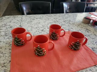 Waechtersbach Germany Red Christmas Tree Coffee Tea Mugs Cups Set Of 4.  Vintage.