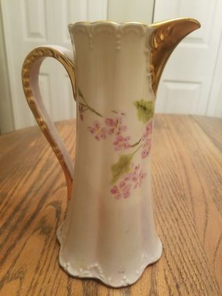 Vintage Porcelain Hand Painted Pitcher Vase Violets Lilacs Flowers Gilded