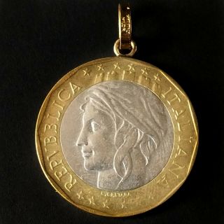 14k Gold Loop Republica Italiana Circulated Coin Vtg Necklace Art Currency Italy