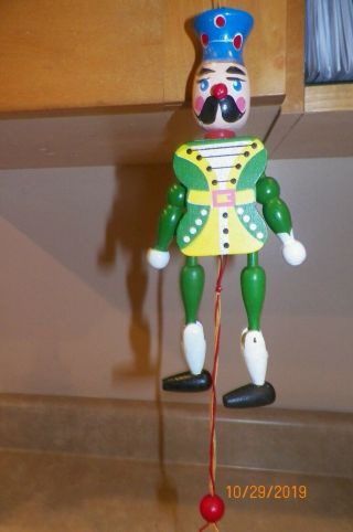 Vintage Xmas Nutcracker Toy Soldier Wooden Pull String Puppet Jumping Jack