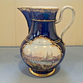 C1880 Antique Meissen Porcelain Coffee Pot,  Named View Dresden,  X Swords Mk,  Vgc