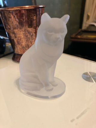Vintage Crystal Frosted Glass Sitting Cat Figurine 4 Inches