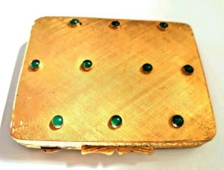 Vintage Gorgeous Italian Gold Gilt Powder Compact With Green Stone Cabochons.
