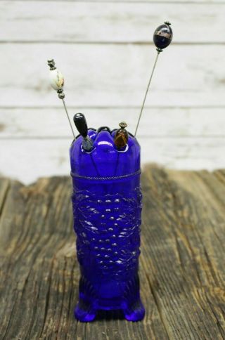 Vintage Fenton Cobalt Blue Carnival Glass Hat Pin Holder Grape & Cable Pattern