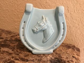 Vintage Horse & Horseshoe Good Luck Teal Blue Wall Pocket Pottery Planter