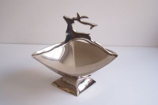 Vintage CHRISTMAS CANDY DISH with REINDEER Handle Mid - Century Modern Look 2