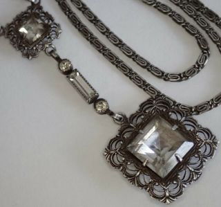 Antique Edwardian Art Deco Sterling Silver Filigree Paste Pendant Necklace