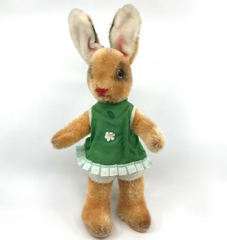 Mohair Plush Rabbit Doll Ddr Sonneberg Germany Green Dress 28cm 11in C1950s Vtg