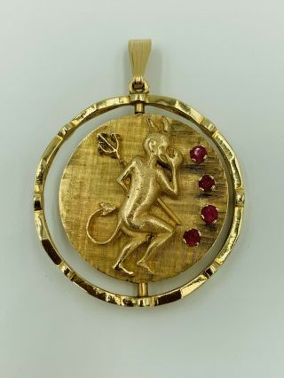 14k Solid Gold Vintage Antique Angel & Devil Spinner Pendant With Stones,  16g