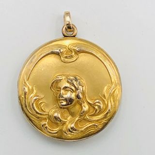 Antique Art Nouveau Gold Filled Woman W/ Flowing Hair Locket Pendant