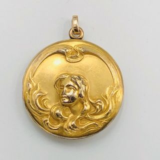 Antique Art Nouveau Gold Filled Woman W/ Flowing Hair Locket Pendant 2