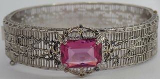 Antique Art Deco Ostby & Barton Sterling Silver Filigree Pink Stone Bracelet