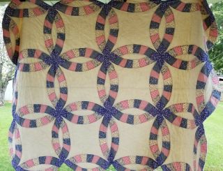 62 X 79 " Vintage Hand Stitched Double Wedding Rings Quilt For Crafts