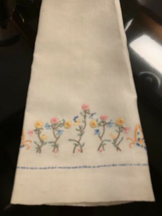 Vintage Linen Tea Towel With Hand Embroidered Yellow & Pink Flowers