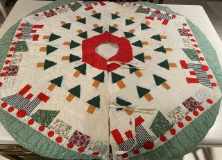 Vintage Quilted Christmas Tree Skirt Trains Trees Approx 44”