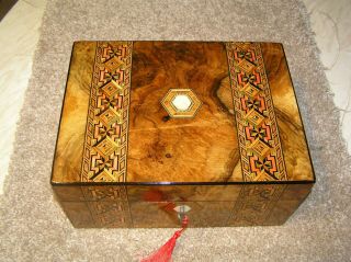 Antique Victorian Walnut Jewellery/trinket Box,  Wide Tunbridge Bands,  Lock & Key