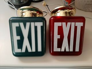 Two Vintage Red Green Glass Exit Sign Triangle Globe Light Movies Gas Station