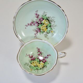 Vintage Floral Paragon Cup And Saucer W/ Pale Green Double Warrant - England