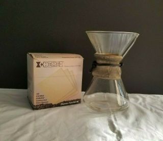 Vintage Chemex Pour Over Coffee Maker 9.  5 " Pyrex Wood Collar Green Mark Filters