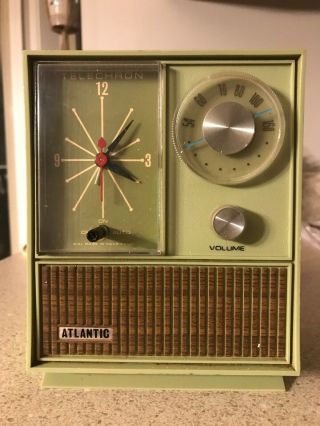 Vintage Telechron Alarm Clock With Atlantic Am Radio Green Mid Century Atomic