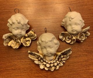 Vintage Porcelain Angel Cherub Head Christmas Ornaments W/ Gold Accents Set Of 3