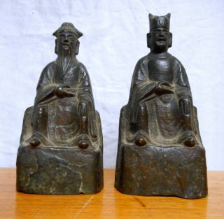 2 Early Antique Chinese Bronze Scholar Figures Sculptures