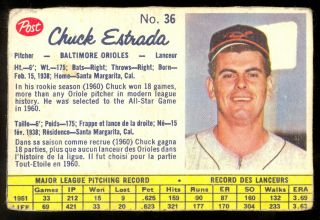 1962 Post Canadian Baseball 36 Chuck Estrada Vg - Ex Baltimore Orioles Card