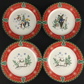 Set Of 4 Vtg Dinner Plates 10 1/2 " Country Pals Montgomery Wards Christmas Trees