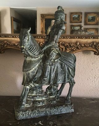 Antique Medieval Style Table Statue Armored Knight & Horse Heavy 20in H.