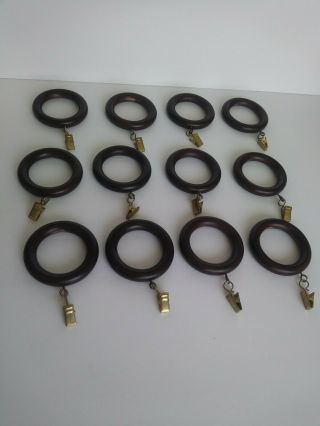 12 Wooden Curtain Rings With Clips Drapes Vintage Dark Brown