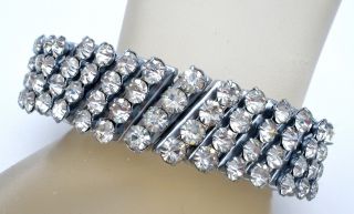 Vintage Expansion Bracelet With Clear Rhinestones Jewelry Prong Set Silver Tone