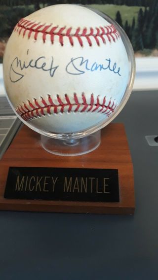 Mickey mantle signed American League Baseball,  in holder with. 3