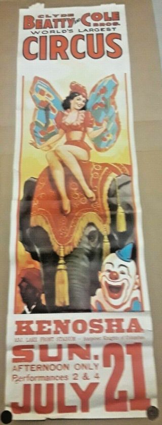 Vintage Clyde Beatty Cole Bros Circus Poster 14 " X48 " Circ.  1958 Kenosha