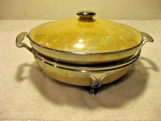 Vintage Fraunfelter Royal Rochester Hand Paint 9 In Baking Dish Bowl Metal Stand