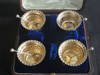 Set Of 4 Solid Silver Gilt Open Salts With Spoons Art Nouveau Style London 1895