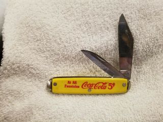 Rare Vintage At All Fountains Coca - Cola 5 Cents Yellow 2 Blade Pocket Knife USA 2